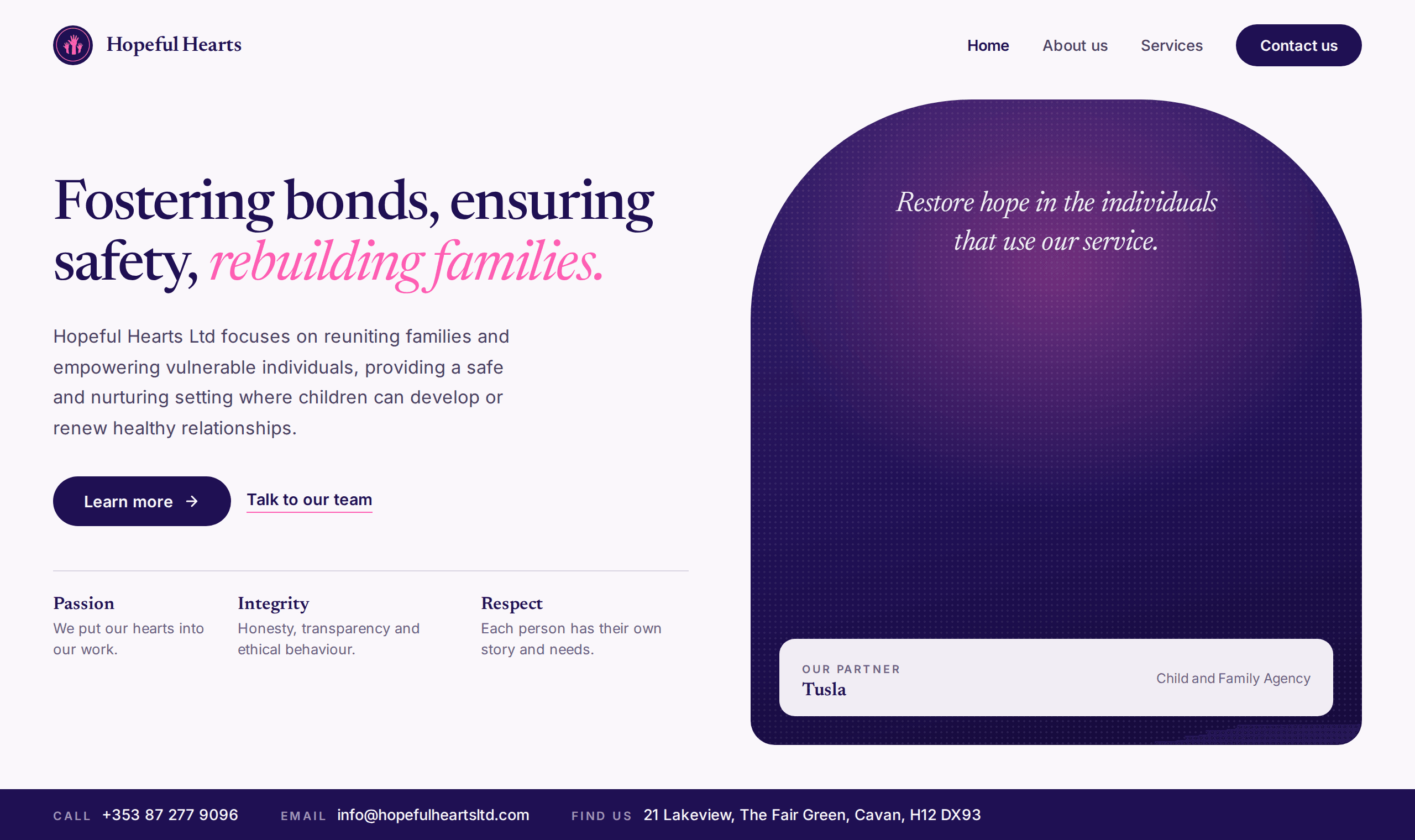 Hopeful Hearts home page showing their objective and values