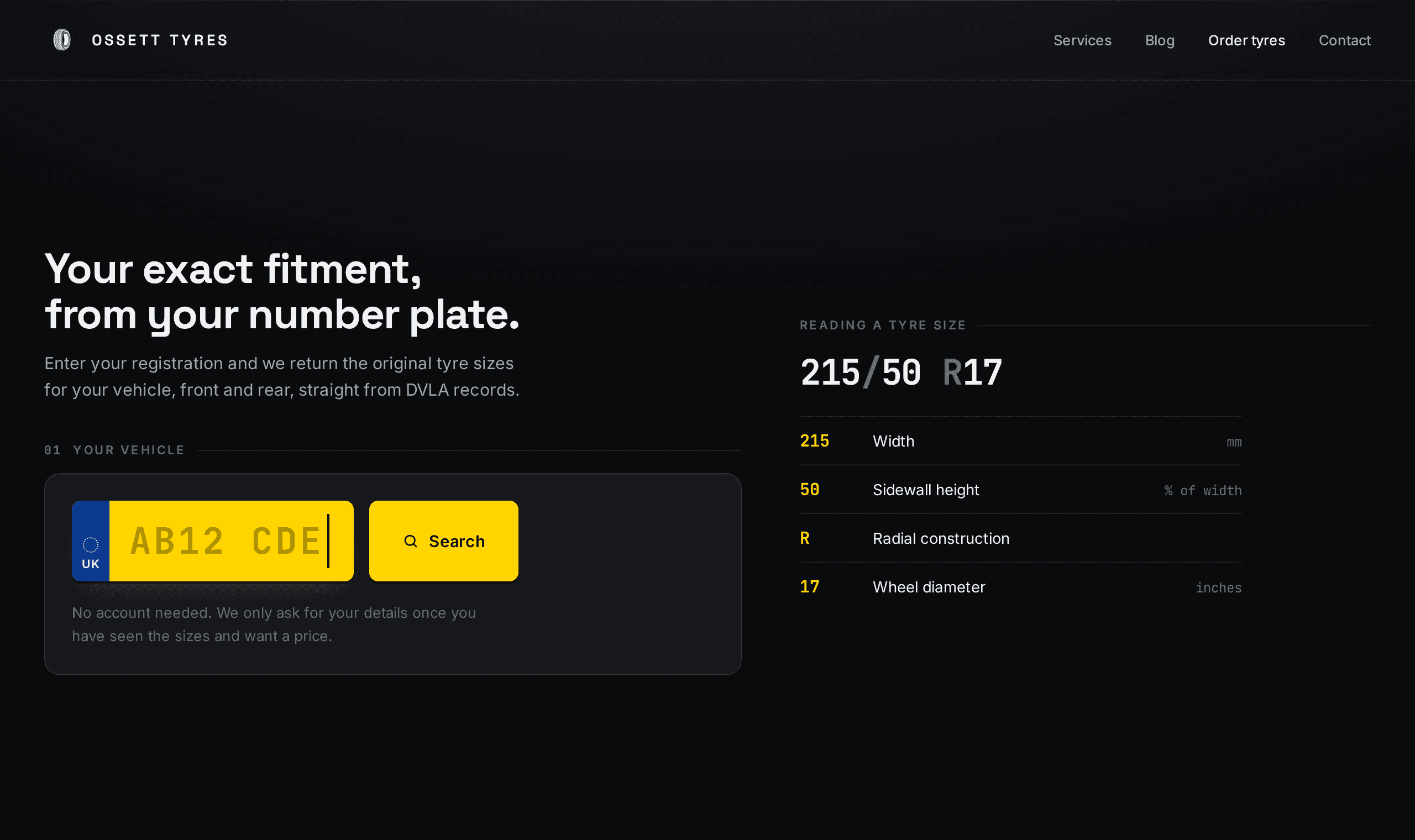 Registration lookup with a UK number plate input and a tyre size explainer