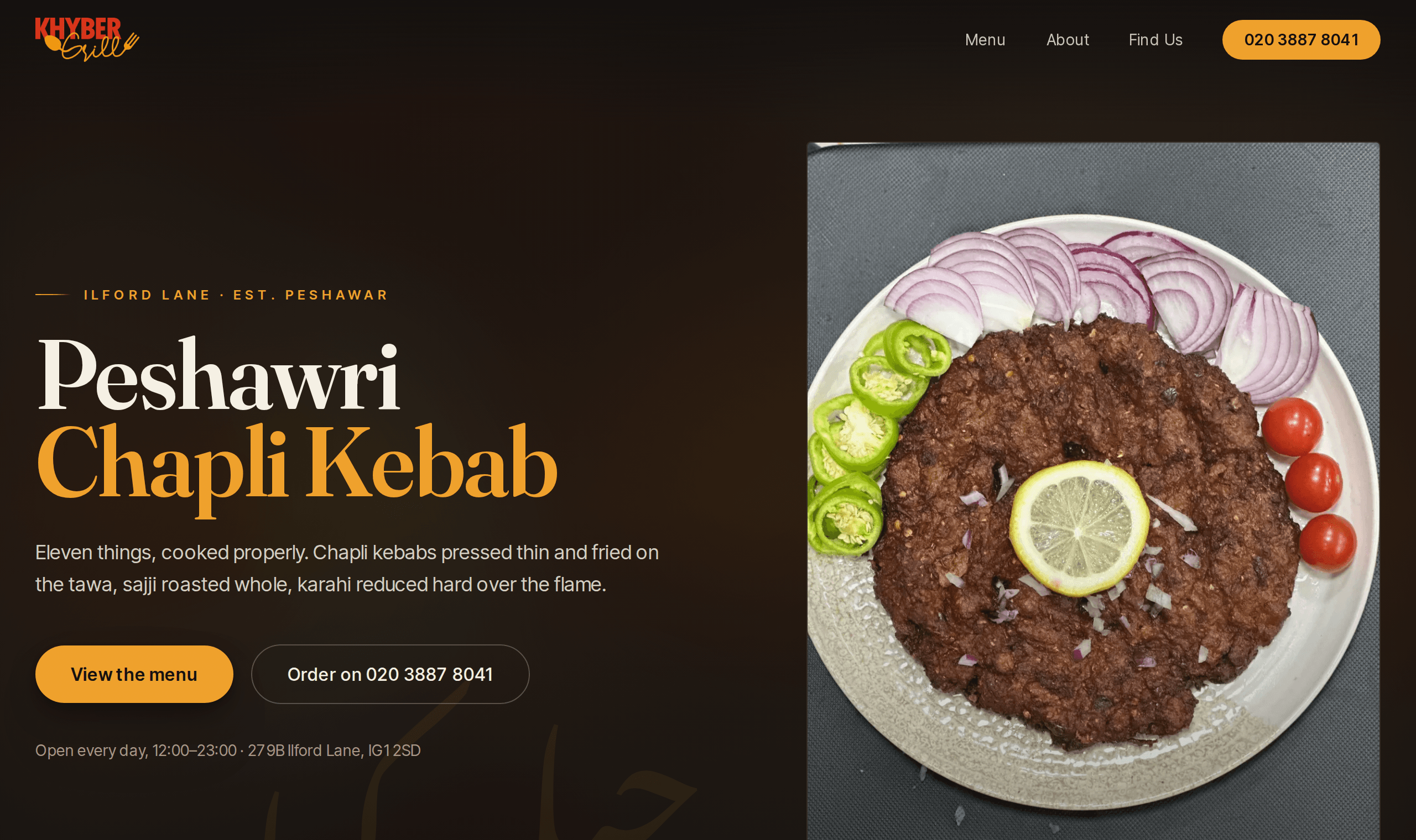 Peshawri Chapli Kebab home page over a charcoal-grilled kebab photograph